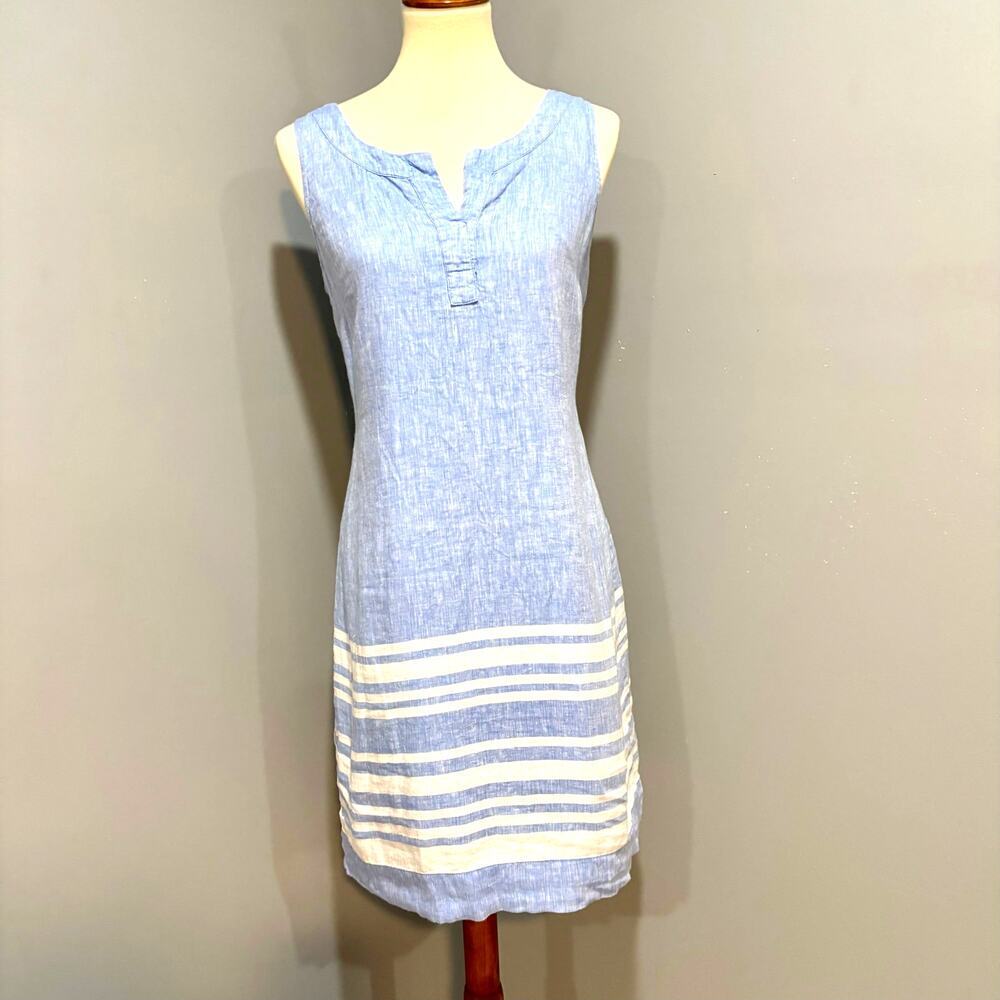 Talbots Blue Linen Shift Dress Striped Hem Sleeveless Lined Breathable, Size 4P